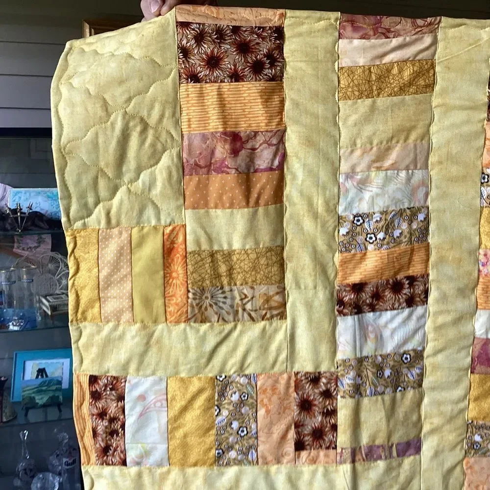 NWT. Hand Crafted Patchwork Yellow and Brown Quilt